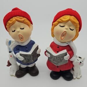 VTG Pair Lund's Lites Vintage Christmas Holiday Boy Dog Girl Cat Ceramic Caroler